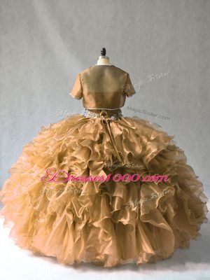 Sleeveless Floor Length Beading and Ruffles Lace Up Sweet 16 Dress with Brown