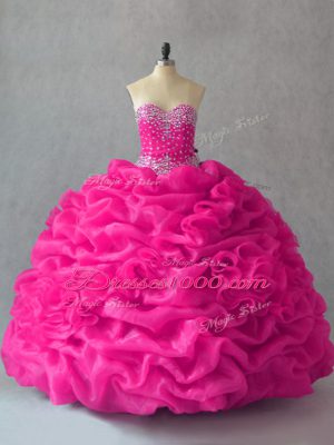 Fuchsia Sleeveless Organza Lace Up Quince Ball Gowns for Sweet 16 and Quinceanera
