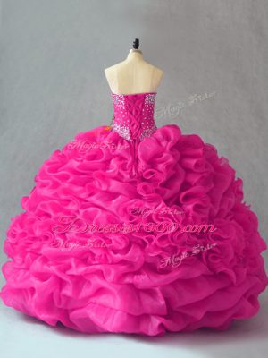 Fuchsia Sleeveless Organza Lace Up Quince Ball Gowns for Sweet 16 and Quinceanera