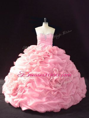 Captivating Sleeveless Organza Court Train Lace Up Quinceanera Gown in Pink with Beading and Pick Ups and Hand Made Flower