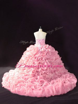 Captivating Sleeveless Organza Court Train Lace Up Quinceanera Gown in Pink with Beading and Pick Ups and Hand Made Flower