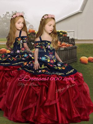 New Arrival Sleeveless Lace Up Floor Length Embroidery and Ruffles Little Girl Pageant Dress