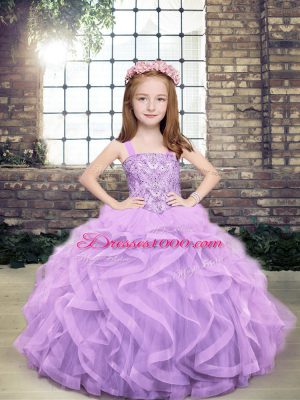 Lavender Ball Gowns Beading and Ruffles Glitz Pageant Dress Lace Up Tulle Sleeveless Floor Length