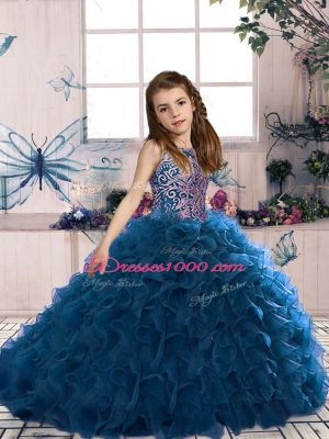 Inexpensive Navy Blue Little Girls Pageant Dress Party and Military Ball and Wedding Party with Beading and Ruffles Scoop Sleeveless Lace Up