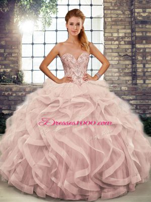 Dazzling Pink Sleeveless Floor Length Beading and Ruffles Lace Up Quinceanera Gowns