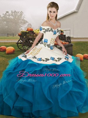 Sleeveless Floor Length Embroidery and Ruffles Lace Up Quinceanera Dresses with Blue And White