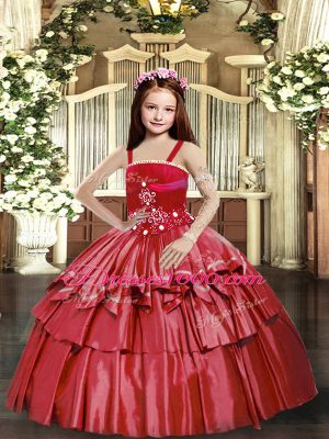 Red Ball Gowns Straps Sleeveless Taffeta Floor Length Lace Up Beading and Ruffled Layers Kids Pageant Dress