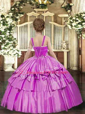 Red Ball Gowns Straps Sleeveless Taffeta Floor Length Lace Up Beading and Ruffled Layers Kids Pageant Dress