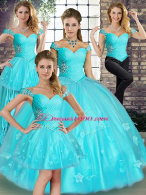 Aqua Blue Off The Shoulder Lace Up Beading and Appliques Sweet 16 Quinceanera Dress Sleeveless
