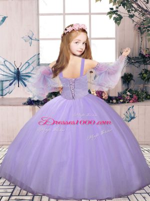 Purple Lace Up Little Girls Pageant Gowns Beading Sleeveless Floor Length