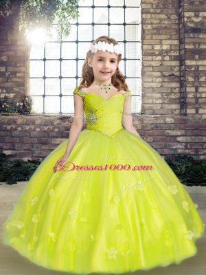 Floor Length Yellow Green Pageant Dress for Girls Straps Sleeveless Lace Up