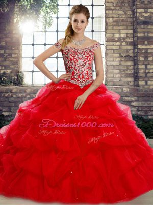Off The Shoulder Sleeveless Sweet 16 Quinceanera Dress Brush Train Beading and Pick Ups Red Tulle