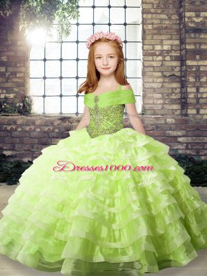 Dazzling Brush Train Ball Gowns Kids Formal Wear Yellow Green Straps Organza Sleeveless Lace Up