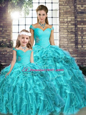 Simple Aqua Blue Organza Lace Up Quince Ball Gowns Sleeveless Brush Train Beading and Ruffles