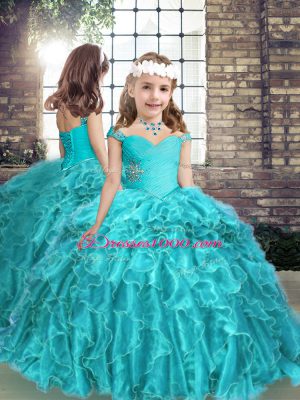 Simple Aqua Blue Organza Lace Up Quince Ball Gowns Sleeveless Brush Train Beading and Ruffles