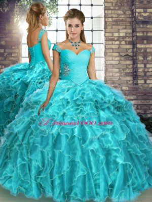 Simple Aqua Blue Organza Lace Up Quince Ball Gowns Sleeveless Brush Train Beading and Ruffles