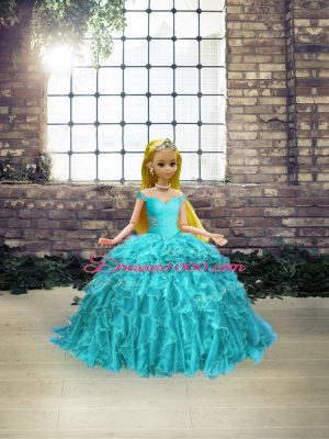 Simple Aqua Blue Organza Lace Up Quince Ball Gowns Sleeveless Brush Train Beading and Ruffles