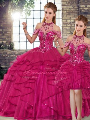 Amazing Fuchsia Halter Top Neckline Beading and Ruffles Quince Ball Gowns Sleeveless Lace Up