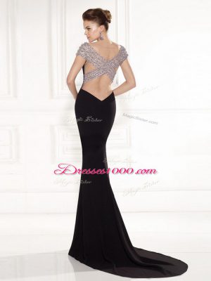 High End V-neck Sleeveless Chiffon Going Out Dresses Beading Brush Train Backless