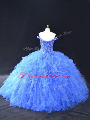 High Quality Blue Ball Gowns Off The Shoulder Sleeveless Tulle Floor Length Lace Up Beading and Ruffles Sweet 16 Dress