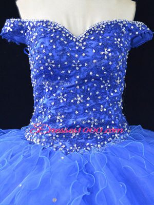 High Quality Blue Ball Gowns Off The Shoulder Sleeveless Tulle Floor Length Lace Up Beading and Ruffles Sweet 16 Dress
