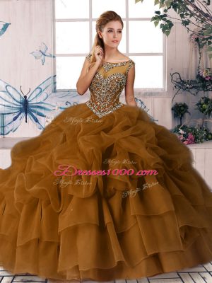 Dramatic Brown Sleeveless Organza Brush Train Zipper 15 Quinceanera Dress for Military Ball and Sweet 16 and Quinceanera