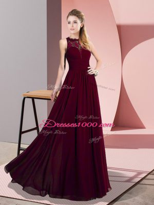 Sumptuous Scoop Sleeveless Evening Dress Floor Length Lace Burgundy Chiffon