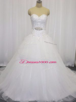 Stylish White Ball Gowns Sweetheart Sleeveless Organza Court Train Clasp Handle Beading and Lace Wedding Gown