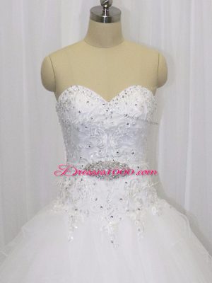 Stylish White Ball Gowns Sweetheart Sleeveless Organza Court Train Clasp Handle Beading and Lace Wedding Gown