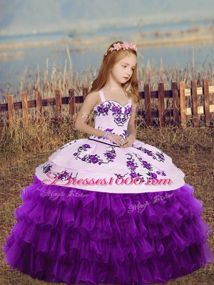 Floor Length Eggplant Purple Pageant Dress for Girls Straps Sleeveless Lace Up