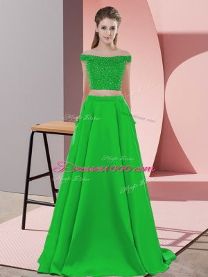 Green Off The Shoulder Backless Beading Prom Evening Gown Sweep Train Sleeveless