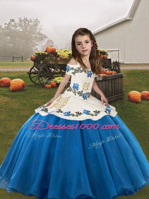 Nice Blue Pageant Gowns For Girls For with Embroidery Straps Sleeveless Lace Up