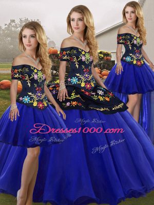 New Style Royal Blue Ball Gowns Tulle Off The Shoulder Sleeveless Embroidery Floor Length Lace Up 15 Quinceanera Dress