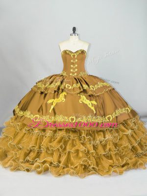 Fashionable Lace Up Ball Gown Prom Dress Brown for Sweet 16 and Quinceanera with Embroidery and Ruffled Layers Brush Train