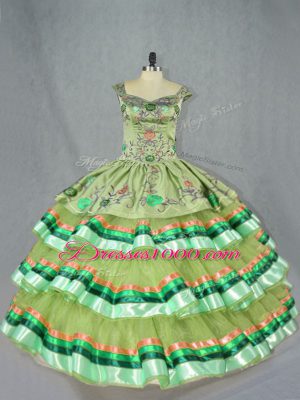 Olive Green Ball Gowns Organza Straps Sleeveless Embroidery and Ruffled Layers Floor Length Lace Up 15th Birthday Dress
