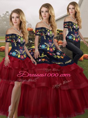 Three Pieces Sleeveless Wine Red Quinceanera Dress Brush Train Lace Up