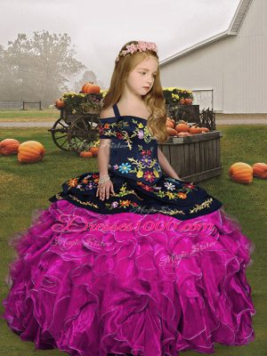 Fuchsia Lace Up Straps Embroidery and Ruffles Little Girls Pageant Gowns Organza Sleeveless