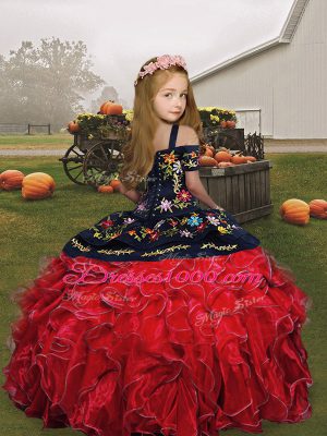 Fuchsia Lace Up Straps Embroidery and Ruffles Little Girls Pageant Gowns Organza Sleeveless