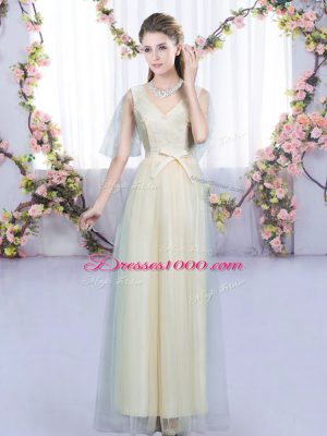 Graceful Champagne Sleeveless Floor Length Lace and Bowknot Lace Up Damas Dress