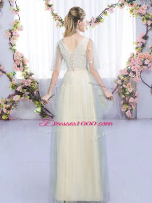 Graceful Champagne Sleeveless Floor Length Lace and Bowknot Lace Up Damas Dress