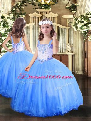 Excellent Floor Length Ball Gowns Sleeveless Baby Blue Little Girl Pageant Gowns Lace Up