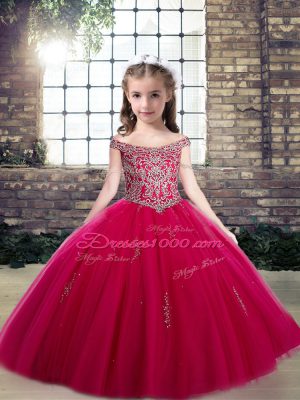 Tulle Scoop Sleeveless Lace Up Beading and Appliques Girls Pageant Dresses in Hot Pink