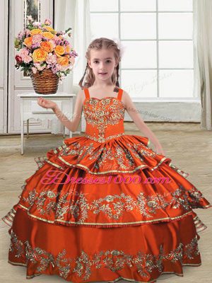 Straps Sleeveless Lace Up Little Girl Pageant Gowns Rust Red Satin