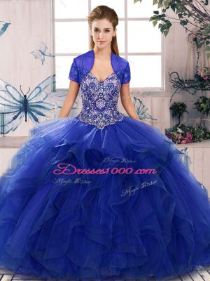 Royal Blue Off The Shoulder Neckline Beading and Ruffles Vestidos de Quinceanera Sleeveless Lace Up
