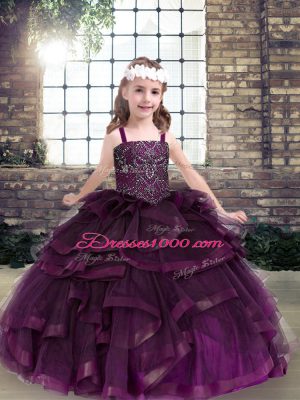 Charming Eggplant Purple Sleeveless Floor Length Beading and Ruffles Lace Up Kids Pageant Dress