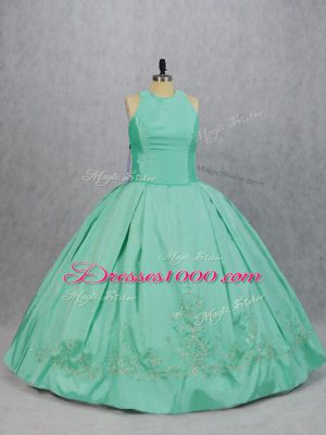 Sexy Apple Green Ball Gowns Scoop Sleeveless Satin Floor Length Zipper Embroidery Vestidos de Quinceanera
