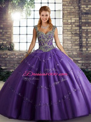 Perfect Purple Sleeveless Floor Length Beading and Appliques Lace Up Quince Ball Gowns