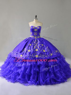 New Arrival Blue Lace Up Sweetheart Embroidery and Ruffled Layers Sweet 16 Dress Organza Sleeveless