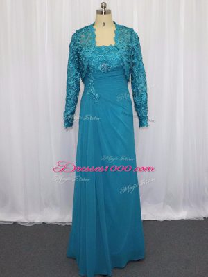 Floor Length Zipper Prom Dresses Blue for Prom and Party and Military Ball with Lace and Appliques