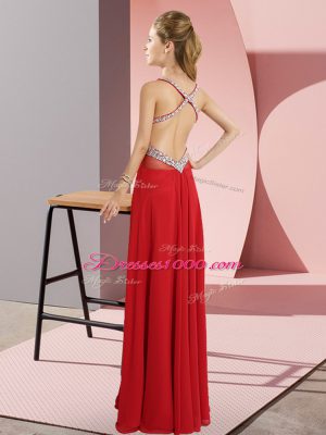 Superior Straps Sleeveless Dress for Prom Floor Length Beading Fuchsia Chiffon